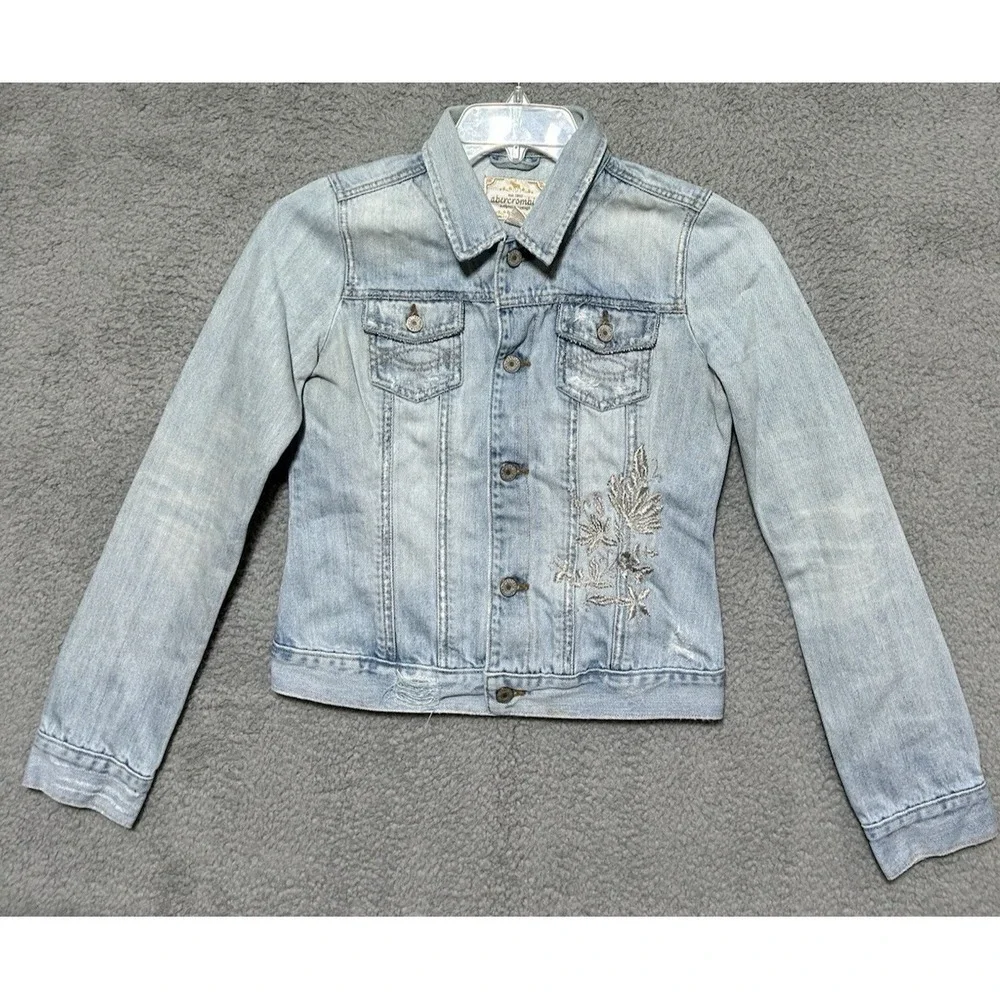 Abercrombie Jean Jacket Authentic Vintage Denim Embroidered Flowers Youth‎ XL